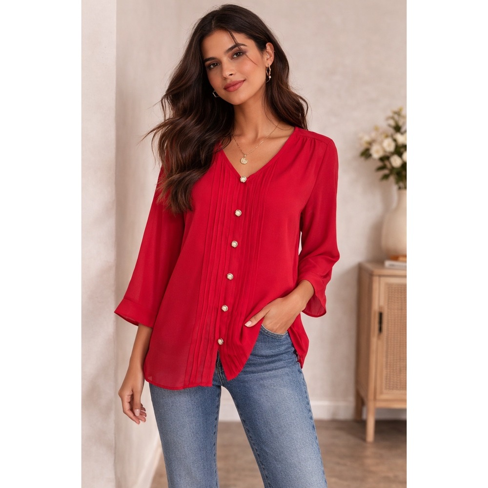 Everly Womens Red Pintuck V-Neck Blouse‎ Pearl Button 3/4 Sleeve Size L